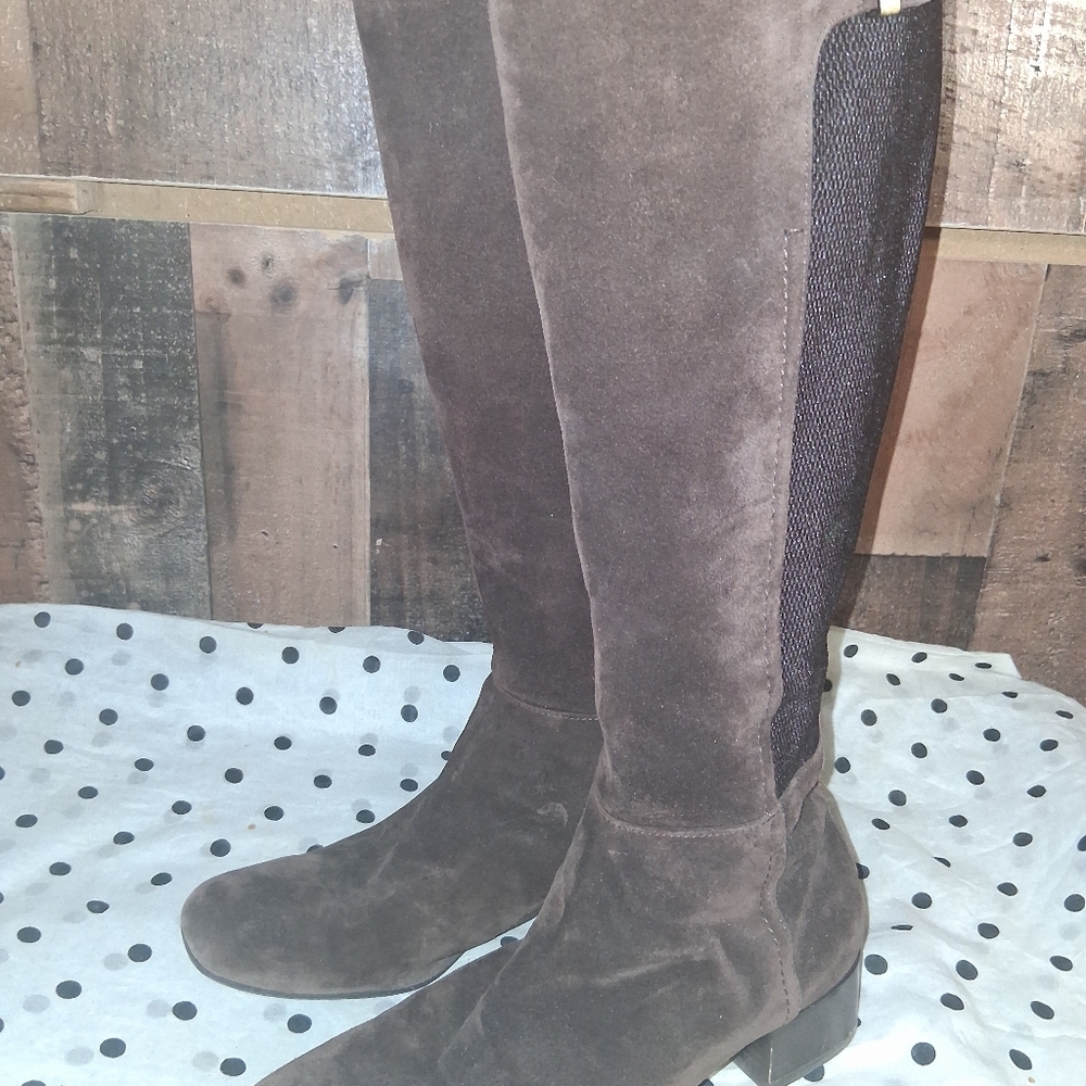 AQUATALIA Italy Letizia Riding Boots in Brown Suede w/ Stretch Panel & zipper - Picture 5 of 8